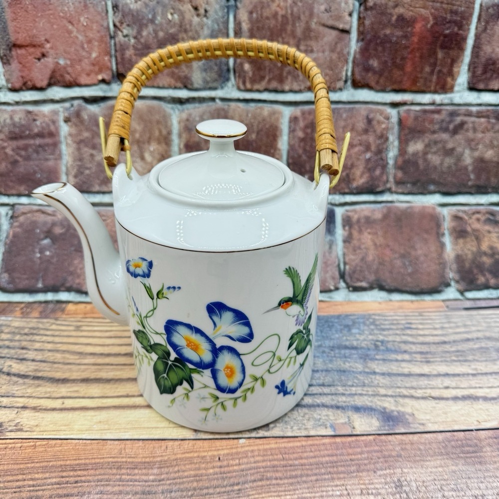 Vintage Tea‎ Pot Japan Morning Glory Hummingbird Bird Bamboo Handle Gold Trim